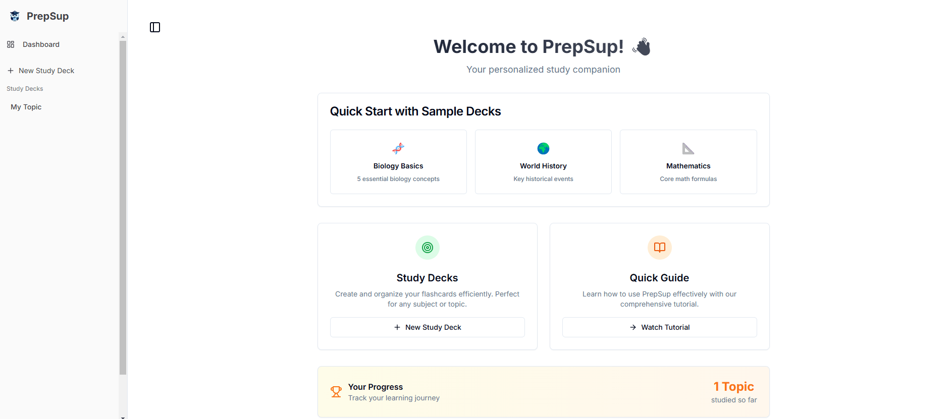 PrepSup AI flashcard platform dashboard showing study statistics, flashcard creation, and AI tutoring features